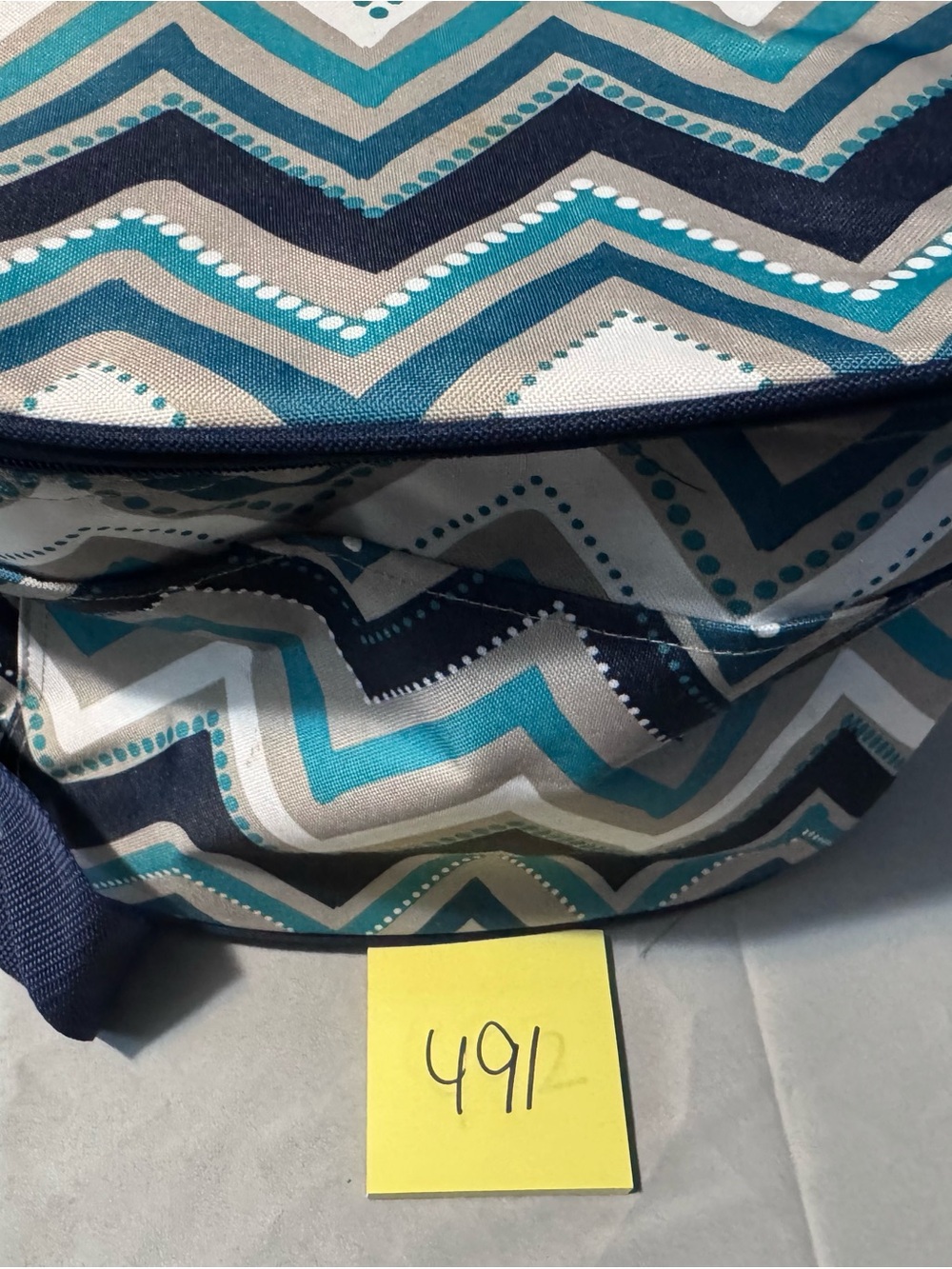 thirty-one Chevron Print Tote in Teal, Navy, Cream, and Gray cooler bag